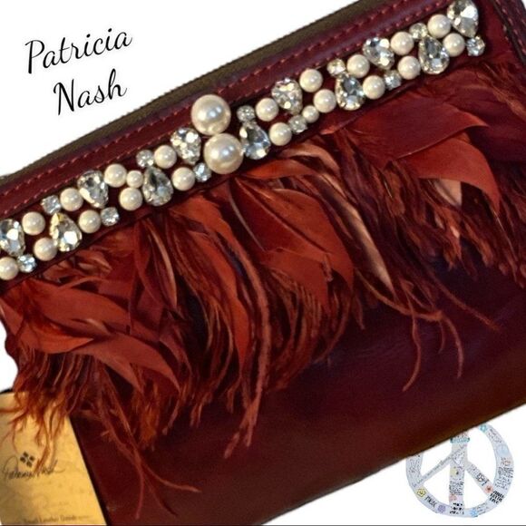PATRICIA Nash CASSINI feather & chunky rhinestone beaded wristlet Berry Red. NWT - Picture 4 of 11